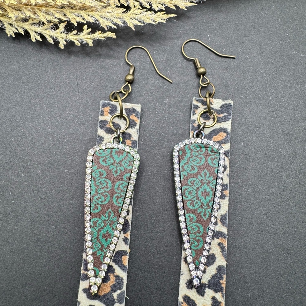 Green and Brown Animal Print Earrings with Beaded Accents